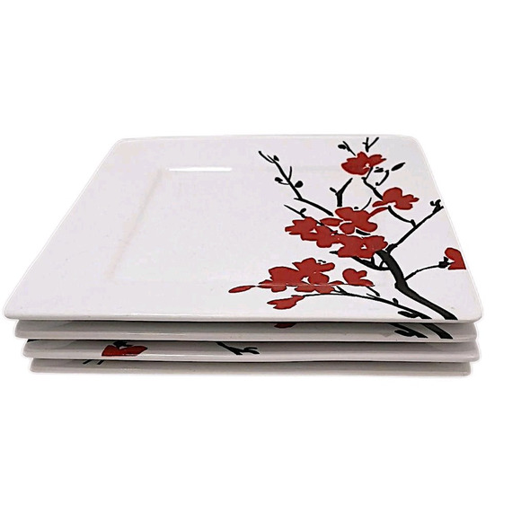 4pc Coventry Makayla Porcelain Square Japanese Blossom 8" Salad Plates Sushi - Picture 1 of 6